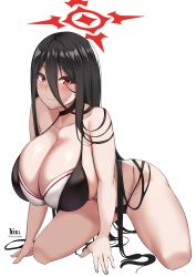 Rule 34 | 1girl, all fours, bikini, black bikini, black choker, black hair, blue archive, blush, breasts, choker, cleavage, closed mouth, collarbone, hair between eyes, halo, hasumi (blue archive), highres, huge breasts, long hair, looking at viewer, ponytail, sideboob, simple background, smile, solo, swimsuit, thighs, white background, yua (argaoffroad)