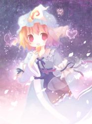 Rule 34 | 1girl, bad id, bad pixiv id, bug, butterfly, dress, female focus, food, hat, holding, bug, long sleeves, multicolored hair, no nose, open mouth, petals, pink eyes, pink hair, ribbon, rise (teapot), saigyouji yuyuko, short hair, solo, touhou, wide sleeves, wind