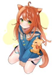Rule 34 | 1girl, :3, animal ear fluff, animal ears, blue hoodie, blush, bow, braid, brown hoodie, commentary, cowlick, english commentary, green bow, highres, hood, hoodie, idol corp, kneeling, long hair, neo sparkles, red bow, second-party source, sleeves past fingers, sleeves past wrists, solo, tail, totora, two-tone hoodie, virtual youtuber, white background