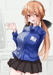 Rule 34 | 1girl, :d, black bow, black skirt, blue shirt, bow, breasts, brown eyes, brown hair, collared shirt, cowboy shot, employee uniform, hair between eyes, hair bow, hair ornament, hairclip, highres, kantai collection, komb, large breasts, lawson, long hair, long sleeves, low twintails, open mouth, pleated skirt, shirt, skirt, smile, solo, striped clothes, striped shirt, tashkent (kancolle), twintails, uniform, vertical-striped clothes, vertical-striped shirt