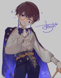 Rule 34 | 1boy, black pants, blouse, blue cape, blue eyes, brown hair, buttons, cane, cape, chain, closed mouth, double-breasted, e.g.o (project moon), employee (project moon), gold chain, gold trim, hand up, highres, kodona, lk0 71604, lobotomy corporation, lolita fashion, long sleeves, looking at viewer, male focus, monocle, one eye closed, pants, project moon, puffy long sleeves, puffy sleeves, shirt, simple background, smile, solo, white background, white shirt