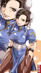 Rule 34 | 1girl, bracelet, breasts, brown eyes, brown hair, bun cover, capcom, china dress, chinese clothes, chun-li, double bun, dress, covered erect nipples, female focus, jewelry, madhatter hello, pantyhose, short hair, solo, spiked bracelet, spikes, street fighter, thighs
