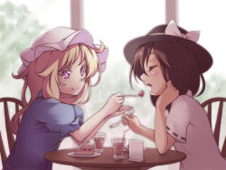 Rule 34 | 2girls, bad id, bad pixiv id, blonde hair, blush, brown hair, cake, chair, colored eyelashes, closed eyes, feeding, food, fork, hat, hat ribbon, looking at another, maribel hearn, midorino eni, mob cap, multiple girls, open mouth, puffy sleeves, purple eyes, ribbon, shirt, short hair, short sleeves, sitting, smile, sweets, table, touhou, usami renko