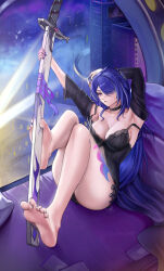 Rule 34 | 1girl, absurdres, acheron (honkai: star rail), arm behind head, armpits, bare legs, barefoot, bed, black choker, breasts, choker, cleavage, detached sleeves, hair ornament, highres, holding, holding sword, holding weapon, honkai: star rail, honkai (series), katana, large breasts, leg tattoo, legs, long hair, looking ahead, nail polish, off shoulder, on bed, parted lips, puppnet, purple eyes, purple hair, purple nails, scabbard, sheath, sheathed, soles, solo, sword, tattoo, thighs, weapon