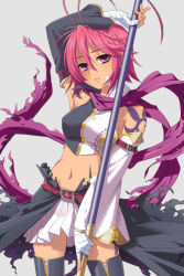 Rule 34 | 1girl, antenna hair, arm up, bandages, belt, blush, breasts, koihime musou, navel, pink hair, polearm, purple eyes, ryofu, scarf, skirt, solo, tattoo, thighhighs, weapon, yachiwo