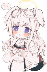 Rule 34 | 1girl, :&lt;, animal ears, blue archive, blush stickers, camisole, chibi, closed mouth, collar, dog ears, dog tags, dog tail, goggles, goggles on head, hair bobbles, hair ornament, halo, hibiki (blue archive), highres, looking at viewer, low twintails, monochrome, off shoulder, purple eyes, ran (bearsoymilk), simple background, sleeves past wrists, solo, spoken blush, spot color, tail, twintails, white background
