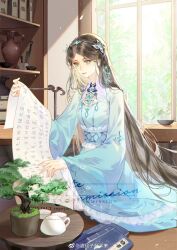 Rule 34 | 1girl, artist request, bonsai, book, bookshelf, braid, brown hair, closed mouth, cup, douluo dalu, frilled sash, highres, long hair, long sleeves, ning rongrong (douluo dalu), sash, scroll, second-party source, sitting, solo, table, teacup, teapot, tiara, twin braids, window