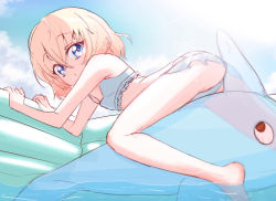Rule 34 | 1girl, :o, anger vein, ass, bikini, blonde hair, blue eyes, commentary, highres, inflatable dolphin, inflatable toy, jashin-chan dropkick, lierre, outdoors, personification, shino (yaruki nai yatsu), short hair, solo, straddling, swimsuit, wading pool, wet, wet hair