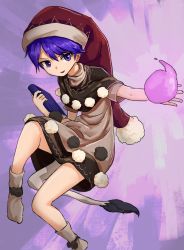 Rule 34 | 1girl, black capelet, book, capelet, commentary request, doremy sweet, dream soul, dress, full body, hair between eyes, hat, highres, holding, holding book, looking at viewer, nightcap, nob1109, open mouth, pom pom (clothes), purple eyes, purple hair, short hair, short sleeves, socks, solo, tail, tapir tail, touhou, white dress, white socks