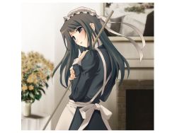 Rule 34 | 1girl, apron, bad id, blue eyes, blurry, blush, border, bouquet, brown hair, copyright request, depth of field, fireplace, flower, frilled hat, frills, hat, head tilt, long hair, long sleeves, looking back, maid, maid headdress, photo (object), solo, sugina miki, vase, white border
