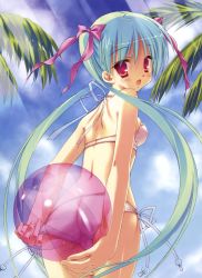 Rule 34 | 1girl, adjusting clothes, adjusting swimsuit, arms behind back, ass, back, ball, bare shoulders, beachball, bikini, blush, bow, breasts, day, covered erect nipples, from behind, green hair, hair bow, highres, kobuichi, light rays, long hair, looking back, open mouth, red eyes, side-tie bikini bottom, small breasts, solo, source request, sunbeam, sunlight, swimsuit, trefoil, twintails, very long hair
