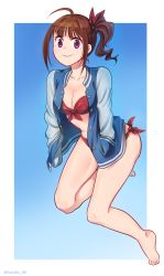 Rule 34 | 10s, 1girl, absurdres, ahoge, bikini, bikini under clothes, blue background, blush, breasts, brown hair, cleavage, closed mouth, collarbone, drill hair, front-tie bikini top, front-tie top, full body, hair ribbon, highres, idolmaster, idolmaster million live!, kamille (vcx68), looking at viewer, medium breasts, outside border, purple eyes, red bikini, red ribbon, ribbon, short hair, side-tie bikini bottom, side ponytail, simple background, smile, solo, swimsuit, twitter username, white background, yokoyama nao