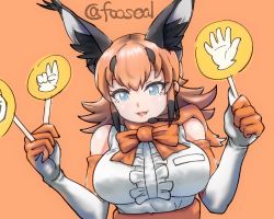 Rule 34 | 1girl, alt text, animal costume, animal ear fluff, animal ears, blue eyes, bow, bowtie, caracal (kemono friends), caracal ears, elbow gloves, foo seal, gloves, kemono friends, kemono friends v project, long hair, looking at viewer, lowres, microphone, multicolored hair, open mouth, orange hair, shirt, skirt, sleeveless, sleeveless shirt, smile, solo, virtual youtuber