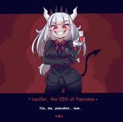 Rule 34 | 1girl, abineko, alcohol, blunt bangs, breasts, cup, demon girl, demon tail, drinking glass, english text, formal, gloves, grin, helltaker, highres, horns, long hair, looking at viewer, lucifer (helltaker), mole, mole under eye, necktie, red eyes, silver hair, smile, solo, suit, tail, white gloves, wine, wine glass