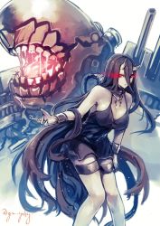 Rule 34 | 10s, 1girl, abyssal ship, battleship princess, black dress, black hair, breasts, cleavage, dress, genyaky, horns, kantai collection, large breasts, long hair, monster, pale skin, red eyes, short dress, skin-covered horns, spaghetti strap, very long hair