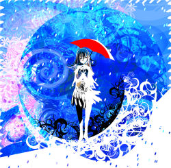 Rule 34 | 1girl, abstract, black hair, blush stickers, brown eyes, clock, closed mouth, colored skin, dress, expressionless, female focus, full body, hair between eyes, head tilt, holding, holding umbrella, kazaana, long hair, looking at viewer, original, rain, red umbrella, solo, spiral, standing, surreal, umbrella, w arms, water drop, white skin