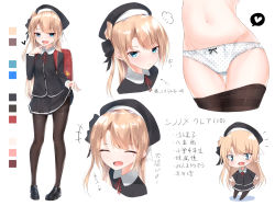 Rule 34 | +++, 1girl, arrow (symbol), backpack, bag, beret, black bow, black footwear, black hat, black pantyhose, black ribbon, black shirt, black skirt, blue eyes, blush, bow, bow panties, chibi, clothes pull, collared shirt, color guide, commentary request, fang, full body, gluteal fold, groin, hair bow, hair ribbon, hat, heart, highres, kanju, light brown hair, loafers, long hair, long sleeves, looking at viewer, miniskirt, mole, mole under eye, multiple views, navel, one side up, open mouth, original, panties, pantyhose, pantyhose pull, pleated skirt, polka dot, polka dot panties, randoseru, ribbon, school uniform, shirt, shoes, side ponytail, simple background, skirt, smile, spoken heart, standing, thighband pantyhose, translation request, underwear, very long hair, virtual youtuber, white background, white panties