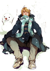 Rule 34 | ..., 10s, 1boy, blonde hair, blue eyes, coat, keith goodman, male focus, sachiko (omame), scarf, short hair, sitting, smile, snow, snowing, snowman, solo, tiger &amp; bunny, winter clothes