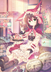 Rule 34 | 1girl, animal hood, apple, basket, belt buckle, birdcage, black flower, black rose, book, boots, bottle, bow, brown hair, buckle, cage, capelet, clock, commentary request, cross-laced footwear, dress, flower, food, frilled dress, frills, fruit, green eyes, hair over one eye, highres, holding, holding book, hood, indoors, long sleeves, looking at viewer, misaki yuu, open book, original, pink flower, pink rose, room, rose, shelf, sitting, smile, solo, suitcase, wine bottle, wooden floor, yellow flower, yellow rose