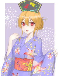 Rule 34 | 1girl, :d, alternate hairstyle, bad id, bad pixiv id, blonde hair, blush, border, collarbone, commentary request, floral print, hair ornament, hair stick, hair up, hat, highres, japanese clothes, junko (touhou), kimono, looking at viewer, musteflott419, open mouth, print kimono, red eyes, smile, solo, touhou, white border, wide sleeves, yukata