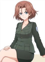 Rule 34 | 10s, 1girl, arm support, azumi (girls und panzer), black jacket, black skirt, brown hair, closed mouth, commentary, crossed legs, emblem, girls und panzer, hand on leg, hand on own thigh, jacket, long sleeves, looking at viewer, military, military uniform, miniskirt, no shirt, omachi (slabco), parted bangs, pencil skirt, selection university (emblem), selection university military uniform, short hair, sitting, skirt, smile, solo, uniform, white background