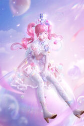 Rule 34 | 1girl, 3d, absurdres, balloon, blue gloves, brown footwear, bubble, children&#039;s day, chinese commentary, cloud, commentary request, dress, fingerless gloves, fingernails, freckles, gloves, highres, lipstick, makeup, nail polish, nikki (miracle nikki), official art, pantyhose, parted lips, pink hair, purple eyes, ribbon, shining nikki, sitting, sky, smile, solo, star (sky), starry sky, twintails, white dress, white headwear, white pantyhose