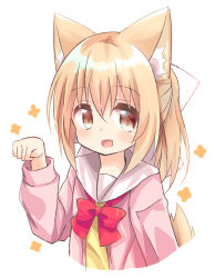Rule 34 | 1girl, animal ear fluff, animal ears, blush, bow, brown eyes, commentary request, cropped torso, hair between eyes, hair bow, hand up, highres, jacket, light brown hair, long sleeves, nakkar, open clothes, open jacket, original, paw pose, pink jacket, red bow, sailor collar, shirt, sidelocks, solo, tail, tail raised, white bow, white sailor collar, yellow shirt