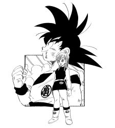 Rule 34 | 1boy, 1girl, ankle boots, bare arms, belt, black dress, black eyes, black hair, black legwear, black wristband, boots, bracelet, breasts, bulma, clenched hand, closed mouth, clothes writing, cloud, cloudy sky, collarbone, cropped torso, dirty, dirty face, dougi, dragon ball, dragon ball (classic), dress, earrings, fenyon, fingernails, full body, greyscale, hair between eyes, hair strand, hand up, highres, jewelry, looking afar, looking up, martial arts belt, medium breasts, medium hair, messy hair, monochrome, obi, parted lips, profile, sash, scratches, simple background, sky, sleeveless, sleeveless dress, smile, socks, son goku, spiked hair, standing, straight hair, tareme, upper body, white background, wristband