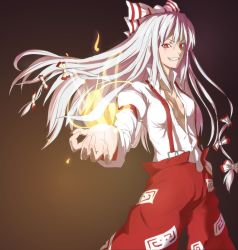 Rule 34 | &gt;:), 1girl, baggy pants, bow, breasts, cleavage, cowboy shot, ebiblue, fire, foreshortening, fujiwara no mokou, grin, hair bow, hand in pocket, juliet sleeves, long hair, long sleeves, looking at viewer, pants, puffy sleeves, red eyes, red pants, shirt, silver hair, slit pupils, smile, solo, suspenders, touhou, unbuttoned, unbuttoned shirt, v-shaped eyebrows, white shirt