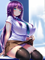 Rule 34 | 1girl, aqua eyes, black thighhighs, blush, breasts, buttons, closed mouth, clothes lift, covered erect nipples, highres, huge breasts, lifting own clothes, long hair, looking at viewer, necktie, original, panties, pantyshot, pleated skirt, plump, purple hair, school uniform, shiny clothes, shiny skin, shirt, short sleeves, sidelocks, sitting, skirt, skirt lift, smile, solo, sweat, thick thighs, thighhighs, thighs, tsukumiya amane, underwear, white shirt