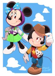 1boy 1girl animal_ears buzz_lightyear buzz_lightyear_(cosplay) cosplay disney gloves hat high_heels highres looking_at_viewer mickey_mouse minnie_mouse mouse_ears sheriff_woody sheriff_woody_(cosplay) shirt smile tail takatmaorange toy_story