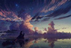Rule 34 | 1girl, cloud, commentary, english commentary, facing away, from behind, horizon, original, reflection, short hair, sitting, sky, solo, star (sky), starry sky, twilight, water, watermark, web address, yuumei