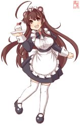 Rule 34 | 1girl, absurdres, ahoge, alternate costume, animal ears, apron, artist logo, bear ears, black dress, black footwear, brown eyes, brown hair, commentary request, cupcake, dated, dress, enmaided, food, frilled apron, frills, highres, huge ahoge, kanon (kurogane knights), kantai collection, kuma (kancolle), long hair, looking at viewer, maid, maid headdress, mary janes, plate, shoes, simple background, smile, solo, standing, thighhighs, waitress, white apron, white background, white thighhighs