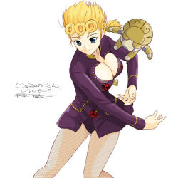 Rule 34 | 1girl, blonde hair, blue eyes, breasts, cleavage, cleavage cutout, closed mouth, clothing cutout, dated, fishnet legwear, fishnets, floating hair, genderswap, genderswap (mtf), giorno giovanna, gold experience, heart cutout, jacket, jojo no kimyou na bouken, large breasts, leotard, long hair, long sleeves, ponytail, purple jacket, purple leotard, ryouzou, signature, simple background, smile, solo, vento aureo, white background