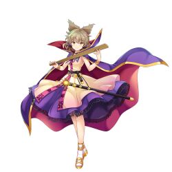 Rule 34 | 1girl, belt, brown eyes, cape, closed mouth, dress, full body, game cg, highres, light brown hair, looking at viewer, pointy hair, purple cape, purple skirt, ritual baton, rotte (1109), short hair, simple background, skirt, socks, solo, sword, third-party source, touhou, touhou lostword, toyosatomimi no miko, weapon, white background, white dress, white socks, yellow footwear