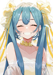 Rule 34 | 1girl, :3, ^ ^, bare shoulders, blue hair, bow, closed eyes, collarbone, commentary, detached sleeves, english commentary, eyebrows hidden by hair, eyelashes, closed eyes, facing viewer, flower, grin, hair bow, hatsune miku, highres, long hair, long sleeves, smile, solo, twintails, upper body, vocaloid, white background, yellow bow, yellow flower, yuu (higashi no penguin)