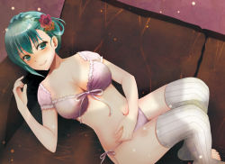 Rule 34 | 10s, aqua hair, blush, bra, breasts, couch, green eyes, hair ornament, highres, kantai collection, kiko (okuwae), large breasts, lingerie, long hair, lying, panties, smile, solo, suzuya (kancolle), thighhighs, underwear