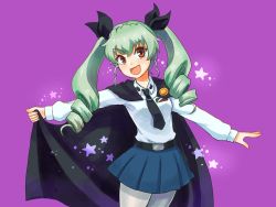 Rule 34 | 10s, 1girl, :d, anchovy (girls und panzer), anzio school uniform, belt, black belt, black cape, black necktie, black ribbon, black skirt, cape, commentary, cowboy shot, dress shirt, drill hair, emblem, girls und panzer, green hair, hair ribbon, head tilt, highres, holding, holding cape, holding clothes, long hair, long sleeves, looking at viewer, miniskirt, necktie, open mouth, pantyhose, pleated skirt, purple background, red eyes, ribbon, school uniform, shirt, simple background, skirt, smile, solo, standing, star (symbol), star print, takapachi, twin drills, twintails, v-shaped eyebrows, white pantyhose, white shirt