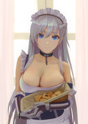Rule 34 | 1girl, apron, azur lane, belfast (azur lane), blue eyes, breasts, chain, cleavage, closed mouth, collar, commentary request, curtains, elbow gloves, food, food request, gloves, grey hair, highres, holding, large breasts, long hair, looking at viewer, maid, maid apron, maid headdress, metal collar, ocarino, smile, solo, waist apron, white apron, white gloves, window