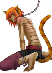 Rule 34 | 1boy, animal ears, anklet, araihime, bite mark, cat boy, cat ears, cat tail, chain, claws, collar, earrings, fangs, jewelry, leash, male focus, pet play, simple background, slave, solo, tail, tattoo, white background