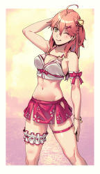 Rule 34 | 1girl, ;q, ahoge, alternate costume, bare shoulders, bell, breasts, bridal garter, cherry blossom print, cleavage, collarbone, floral print, green eyes, groin, hair bell, hair between eyes, hair ornament, hand on own head, highres, hololive, knees, long hair, medium breasts, midriff, mstm, navel, ocean, one eye closed, outdoors, pink hair, sakura miko, sakura miko (1st costume), sky, solo, standing, tongue, tongue out, virtual youtuber