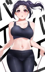 Rule 34 | 1girl, :o, bare shoulders, black pants, black tank top, bouncing breasts, breasts, brown eyes, character request, collarbone, commentary request, crop top, highres, igarashi kyouhei, jump rope, jumping, large breasts, navel, open mouth, pants, parted bangs, ponytail, purple hair, serious, sidelocks, solo, sports bra, stomach, sweat, tank top, tight clothes, tight pants, yoga pants