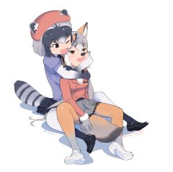Rule 34 | 2girls, absurdres, animal ears, beleven, beret, black footwear, black skirt, blue sweater, brown eyes, commentary request, common raccoon (kemono friends), elbow gloves, extra ears, fox ears, fox girl, fox tail, full body, fur trim, gloves, grey gloves, grey hair, grey skirt, hat, highres, hug, hug from behind, island fox (kemono friends), jacket, kemono friends, kemono friends v project, loafers, long sleeves, microphone, multicolored clothes, multicolored hair, multicolored legwear, multiple girls, one eye closed, open mouth, orange hair, orange jacket, orange pantyhose, pantyhose, pink headwear, pleated skirt, puffy short sleeves, puffy sleeves, raccoon ears, raccoon girl, raccoon tail, shoes, short hair, short sleeves, sitting, skirt, sweater, tail, virtual youtuber, white footwear, white fur, white gloves, white hair, yellow eyes