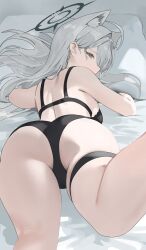 Rule 34 | 1girl, ahoge, animal ear fluff, animal ears, ass, ass focus, bed sheet, black bra, black panties, blue archive, blue eyes, bra, breasts, from behind, grey hair, halo, highres, hood (james x), long hair, looking back, lying, medium breasts, on stomach, panties, pillow, shiroko (blue archive), shiroko terror (blue archive), solo, thigh strap, thighs, underwear, underwear only, wolf ears