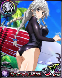 Rule 34 | 1girl, ass, braid, breasts, card (medium), character name, chess piece, closed mouth, day, grayfia lucifuge, grey eyes, grey hair, high school dxd, high school dxd cross, large breasts, lipstick, long hair, looking at viewer, maid headdress, makeup, matching hair/eyes, official art, palm tree, queen (chess), red lips, smile, solo, source request, standing, surfboard, swimsuit, thighs, trading card, tree, twin braids