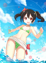 Rule 34 | 10s, 1girl, atg (wttoo0202), bad id, bad pixiv id, bikini, black hair, breasts, day, earrings, from below, green bikini, hair ribbon, jewelry, looking at viewer, love live!, love live! school idol project, open mouth, outdoors, red eyes, red ribbon, ribbon, sarong, sky, small breasts, smile, solo, striped bikini, striped clothes, swimsuit, teeth, twintails, wading, water, yazawa nico