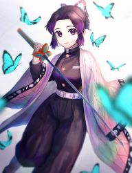 Rule 34 | 1girl, asanabe, belt, black jacket, black pants, blurry, breasts, bug, butterfly, butterfly hair ornament, closed mouth, depth of field, female focus, grey background, hair intakes, hair ornament, hand up, haori, happy, highres, holding, holding weapon, insect, jacket, japanese clothes, katana, kimetsu no yaiba, kochou shinobu, long sleeves, looking at viewer, matching hair/eyes, medium breasts, pants, purple eyes, purple hair, sheath, shirt, short hair, simple background, smile, solo, standing, sword, weapon, white shirt, wide sleeves