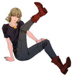 Rule 34 | 10s, 1boy, barnaby brooks jr., blonde hair, boots, facial hair, full body, glasses, green eyes, highres, jewelry, leg up, male focus, mikuni saho, necklace, shirt, simple background, solo, t-shirt, tiger &amp; bunny, white background