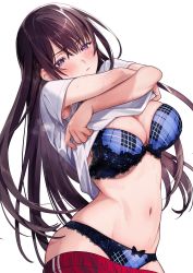 Rule 34 | 1girl, absurdres, armpits, blue bra, blue panties, blush, bow, bow panties, bra, breasts, brown hair, character request, cleavage, closed mouth, clothes lift, clothes pull, copyright request, cowboy shot, crossed arms, gym uniform, hair between eyes, half-closed eyes, highres, lace, lace-trimmed bra, lace-trimmed panties, lace trim, large breasts, lifted by self, long hair, looking at viewer, mole, mole under mouth, navel, panties, purple eyes, red shorts, shirt, shirt lift, short sleeves, shorts, shorts pull, simple background, solo, standing, steaming body, stomach, sweat, uma raclette, underwear, undressing, very long hair, white background, white shirt