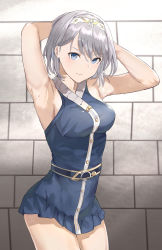 1girl 3: armpits arms_behind_head arms_up bare_arms bare_shoulders belt blue_dress blue_eyes breasts closed_mouth cowboy_shot dress hairband highres looking_at_viewer medium_breasts mosta_(lo1777789) original pleated_dress short_dress short_hair silver_hair sleeveless sleeveless_dress solo sweat thighs v-shaped_eyebrows